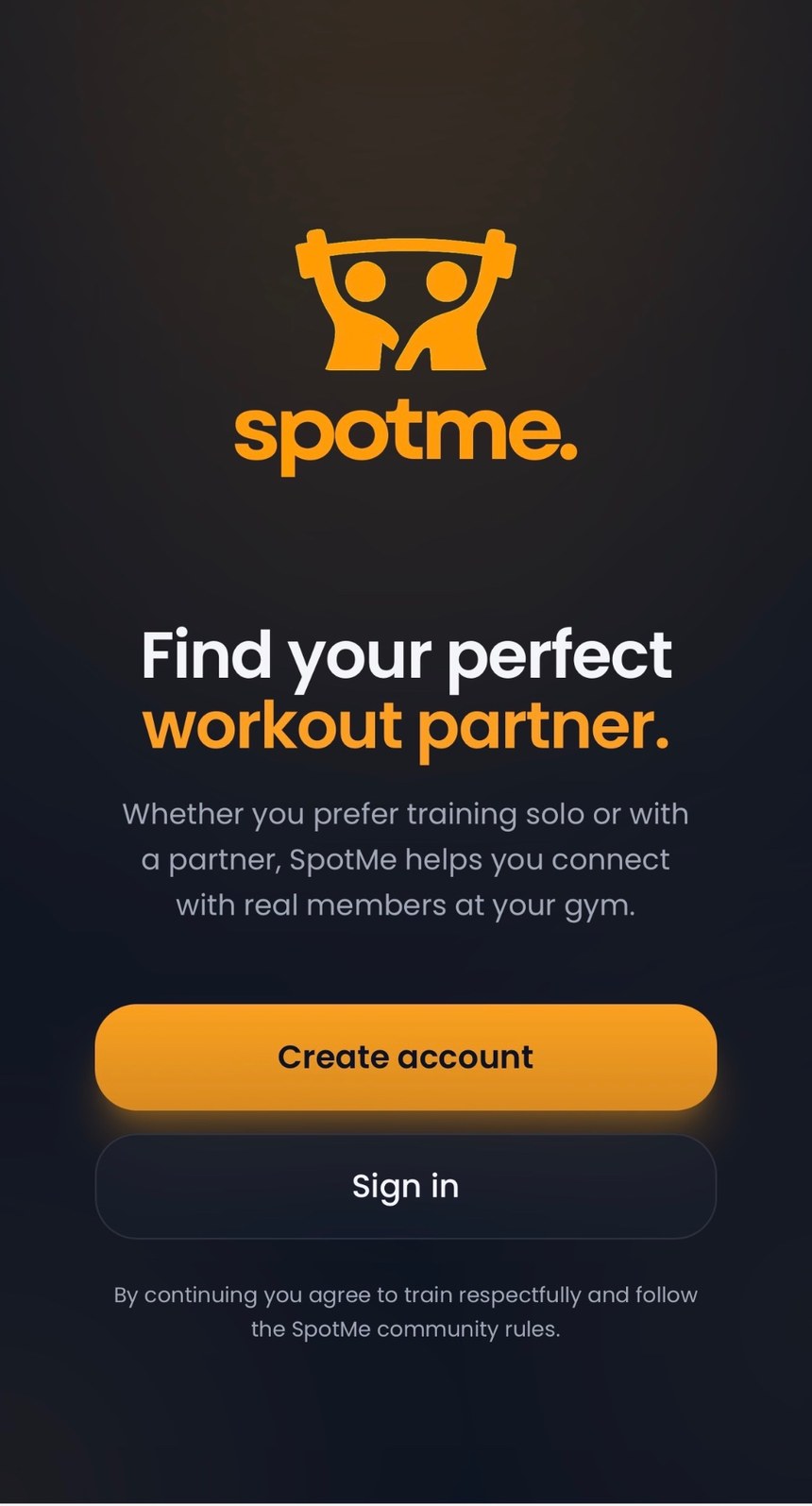 The real SpotMe app welcome screen: Find your perfect workout partner